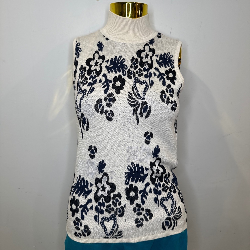 y2k academia Floral Mock Neck Sleeveless Sweater Navy Blue Cream Knit Top SMALL